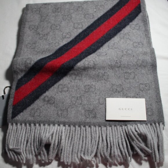 NWT GUCCI New Nikky Wool GG Monogram Web Stripe Scarf Tassel Gray Unisex - Picture 1 of 5